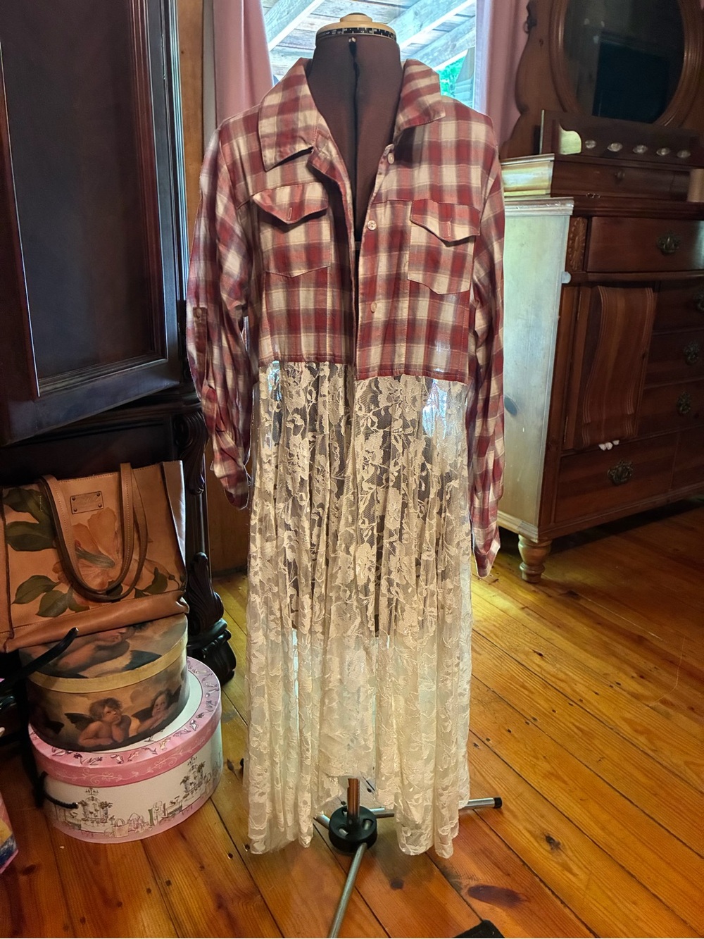 Plaid Button-Down Shirt with Lace Skirt Overlay - Rust Plaid